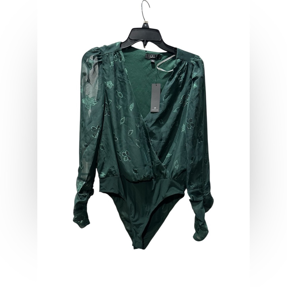 Lulus Charming Purpose Emerald Green Floral Jacquard Surplice Bodysuit Small NEW - Picture 3 of 4